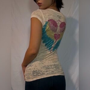 Hand-Made Y2K Cream Tee with Vibrant Wing Design